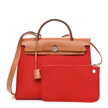 Hermes Vache Hunter Toile Herbag Zip 31 PM Rouge Tomate Natural 1 of 17