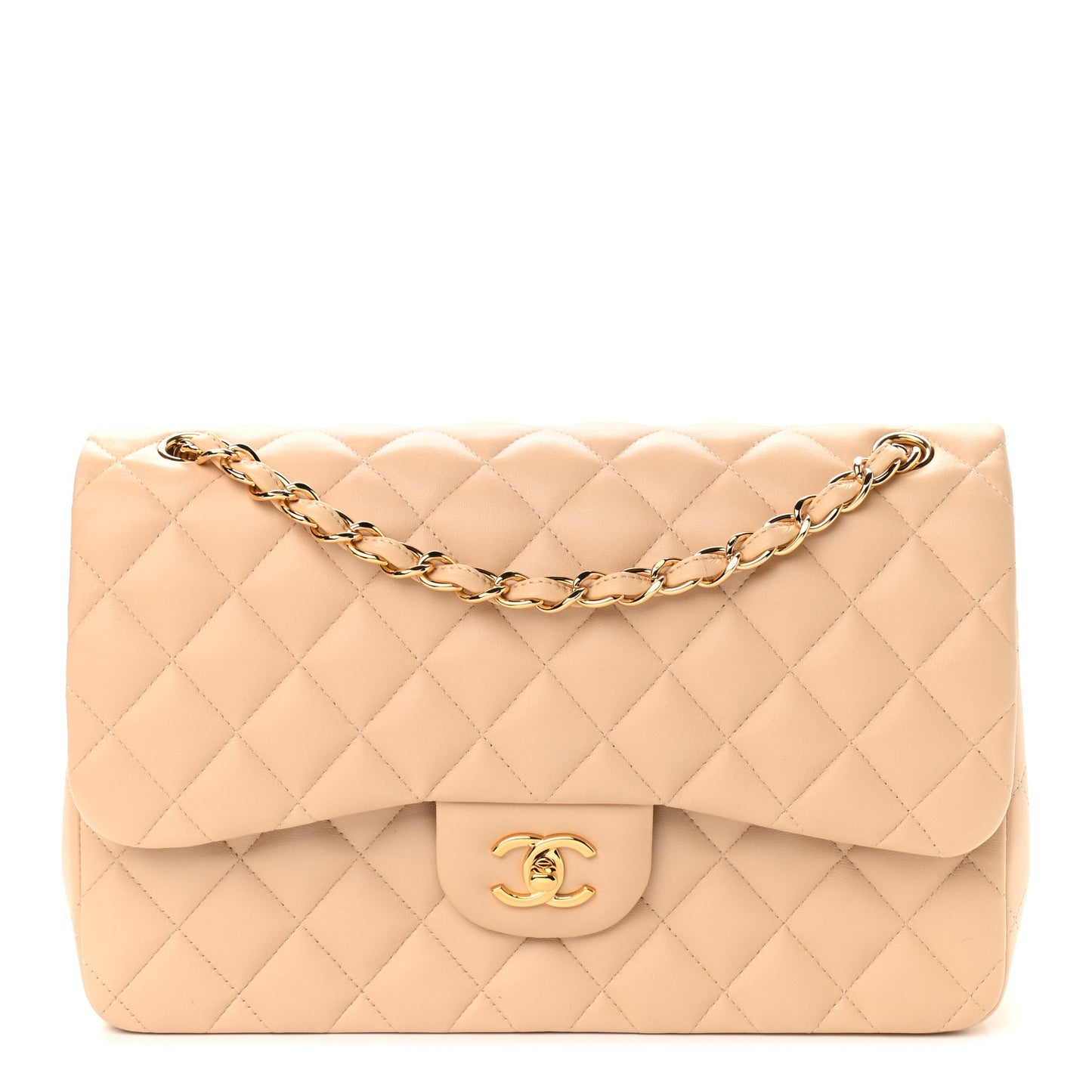 Lambskin Quilted Jumbo Double Flap Beige