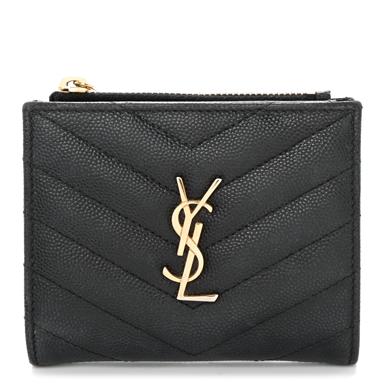 Saint Laurent Grain De Poudre Matelasse Chevron Monogram Zipped Card Case Black 1 of 7