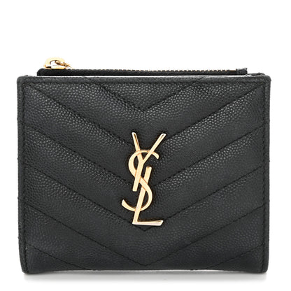 Saint Laurent Grain De Poudre Matelasse Chevron Monogram Zipped Card Case Black 1 of 7