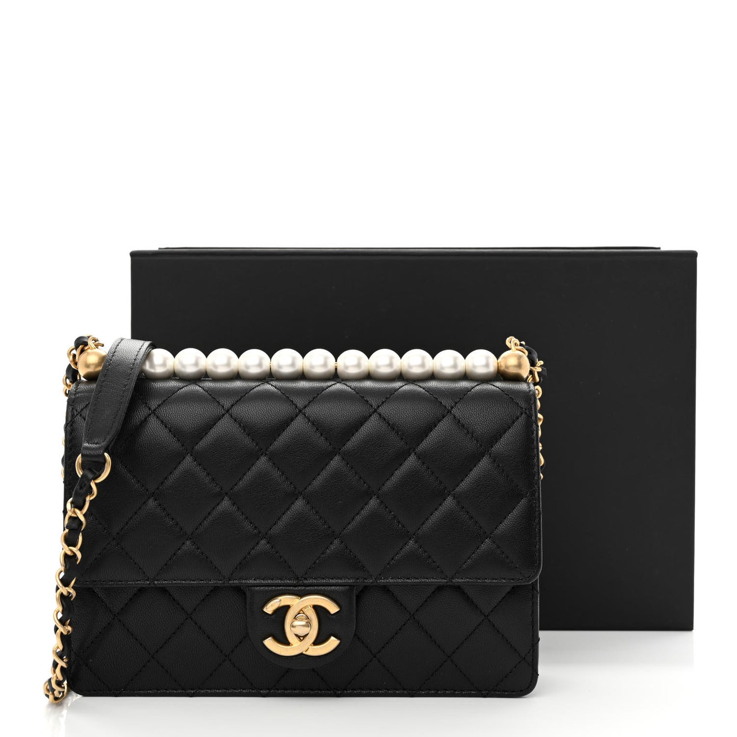 Goatskin Quilted Small Chic Pearls Flap Black
