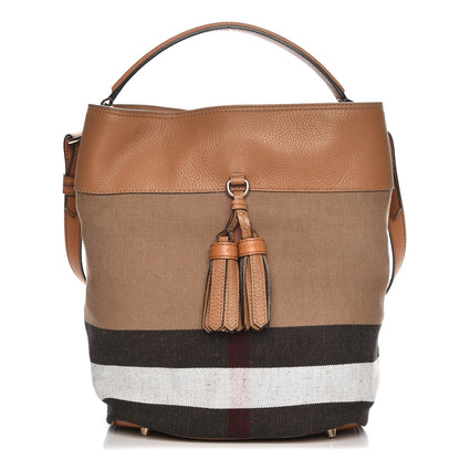 Burberry Grainy Calfskin Canvas Mega Check Medium Ashby Tassel Hobo Saddle Brown 1 of 9
