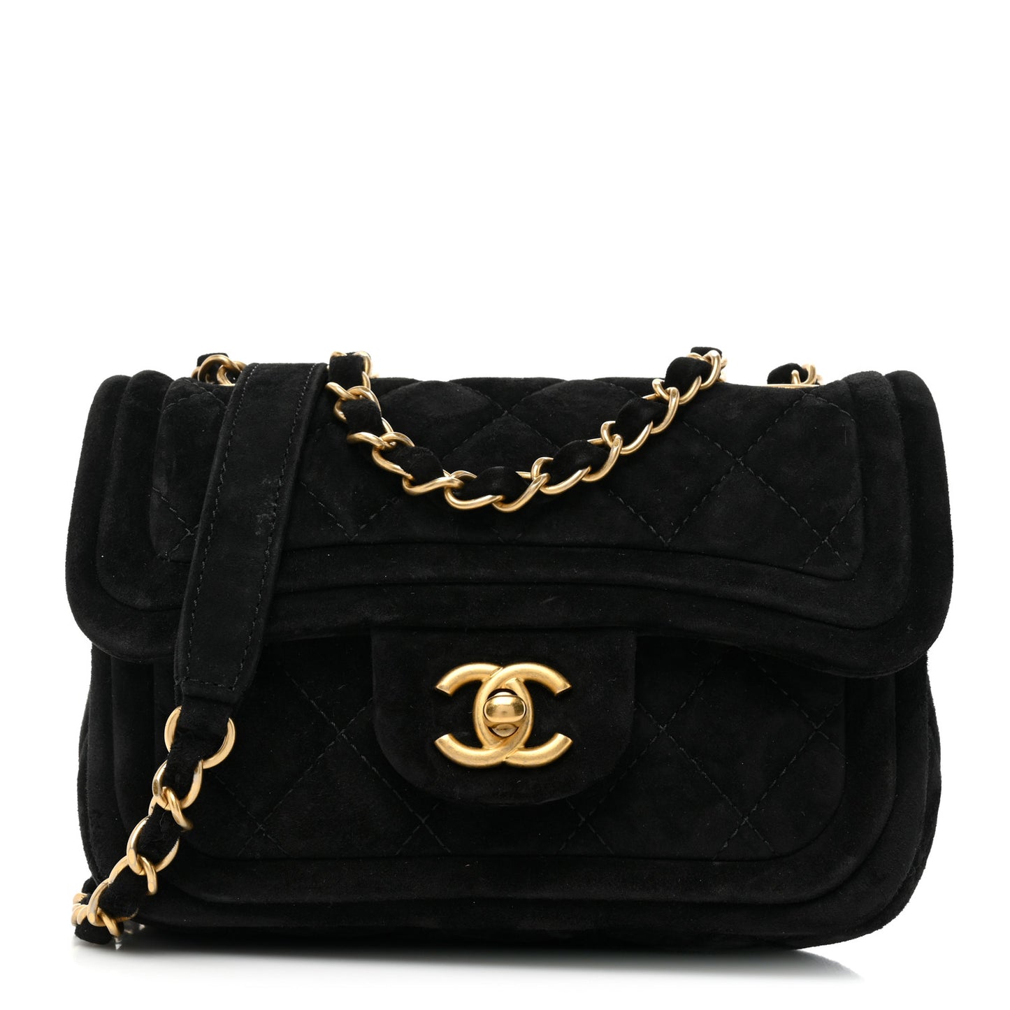 Suede Quilted Mini Double Frame Flap Black
