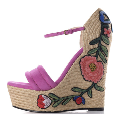 Gucci Kid Scamosciato Ophelia Espadrille Platform Wedge Sandals 38.5 Rododendro 1 of 10