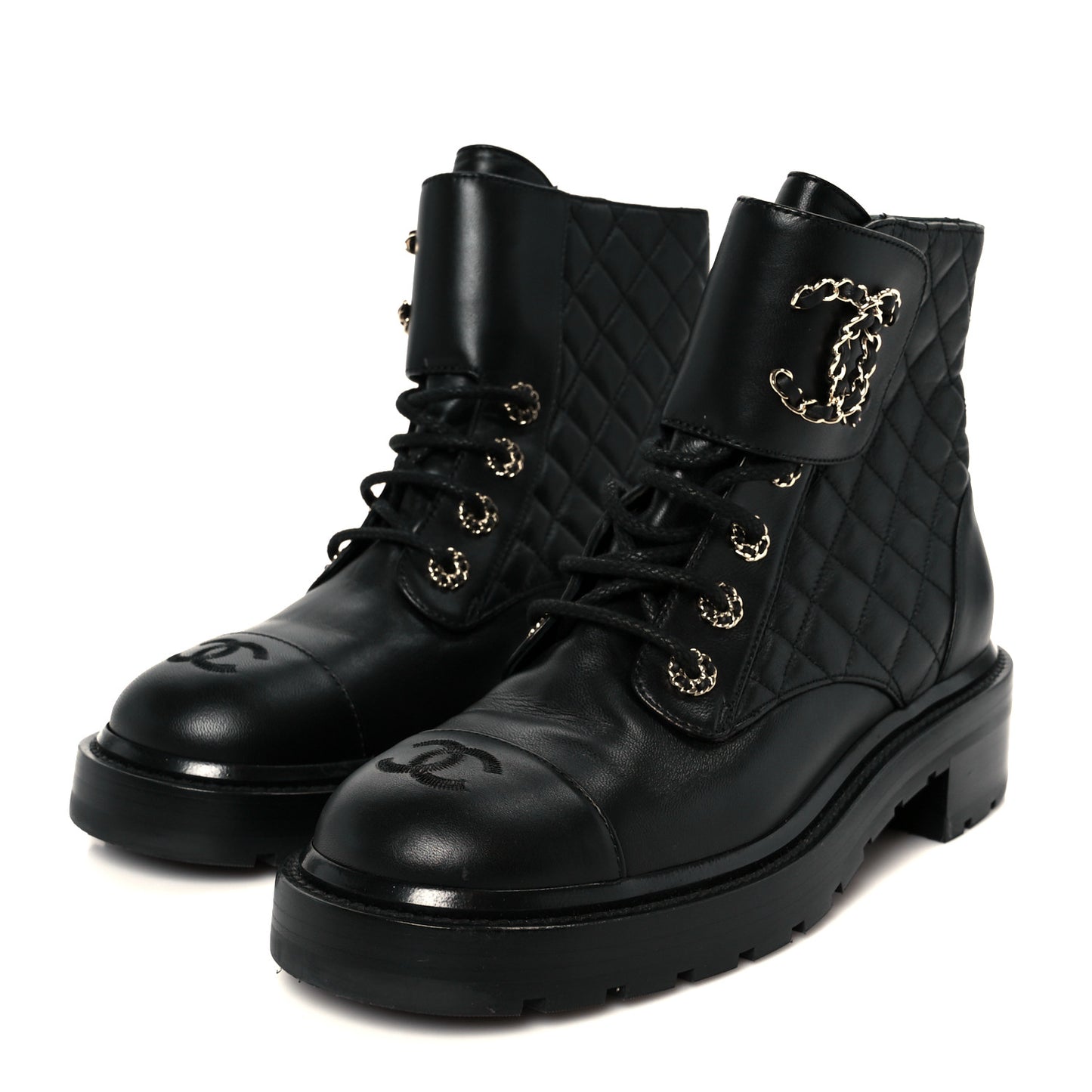 Shiny Lambskin Quilted Lace Up Combat Boots 39 Black