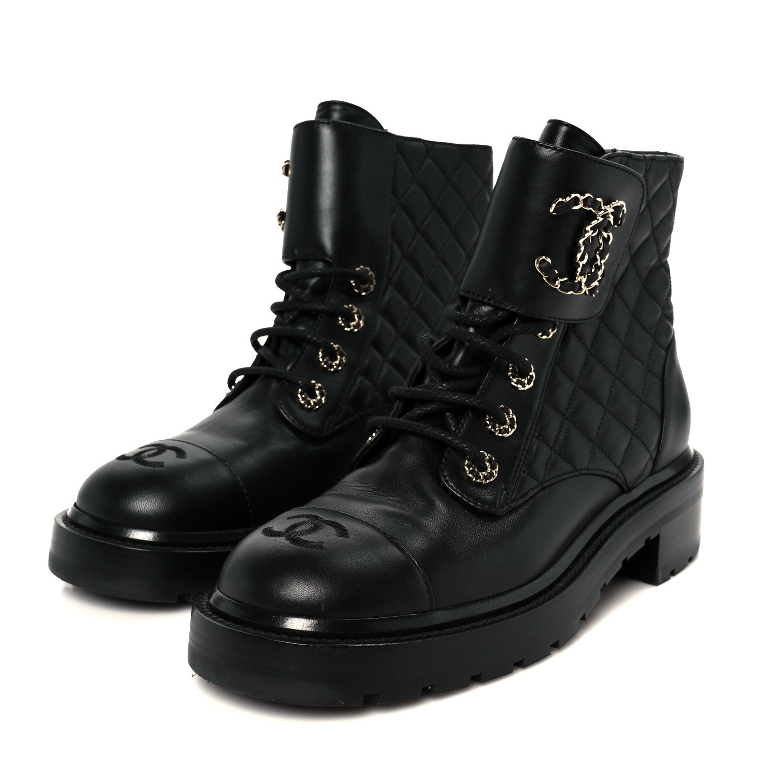 Chanel Shiny Lambskin Quilted Lace Up Combat Boots 39 Black 4 of 11