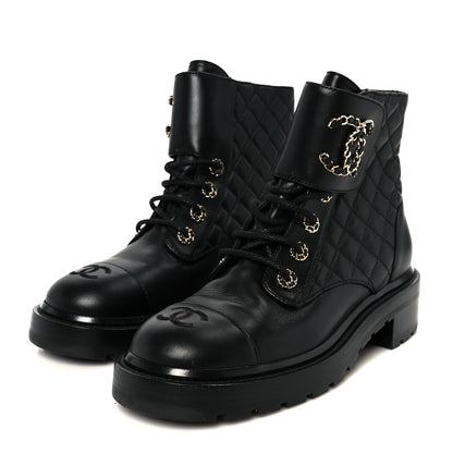Chanel Shiny Lambskin Quilted Lace Up Combat Boots 39 Black 4 of 11