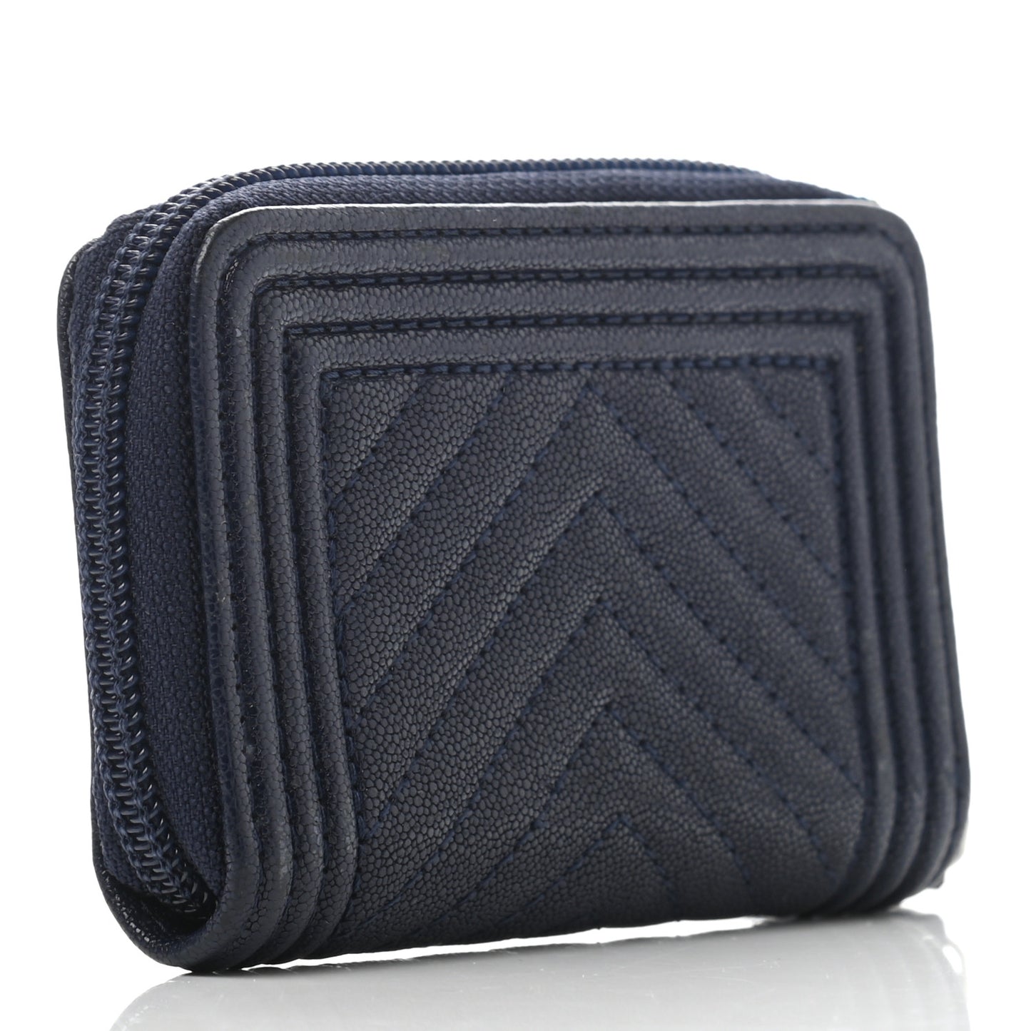 Caviar Chevron Quilted Boy Zip Around Coin Purse Wallet Navy Blue