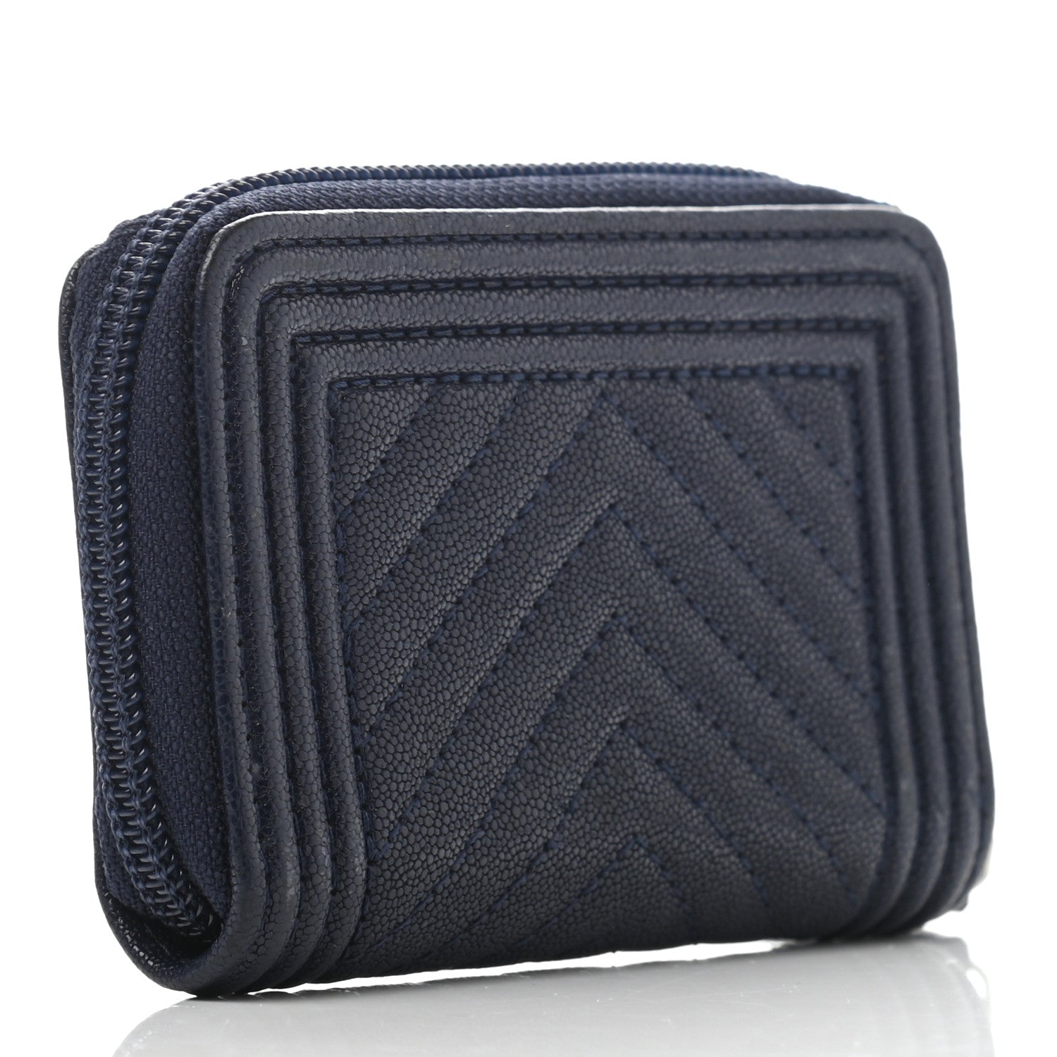 Chanel Caviar Chevron Quilted Boy Zip Around Coin Purse Wallet Navy Blue 3 of 13
