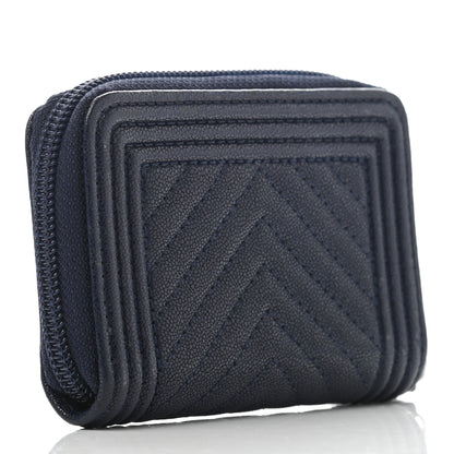 Chanel Caviar Chevron Quilted Boy Zip Around Coin Purse Wallet Navy Blue 3 of 13