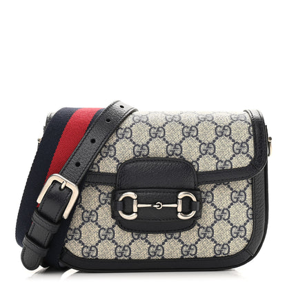 Gucci GG Supreme Monogram Textured Dollar Calfskin Web Mini Horsebit 1955 Shoulder Bag Beige Blue 1 of 9