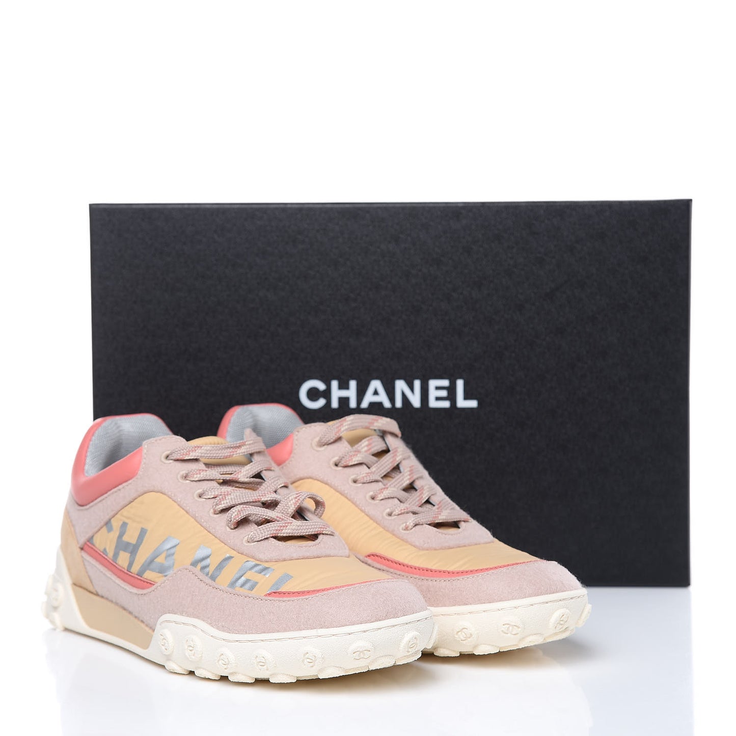 Wool Nylon Lambskin Suede Calfskin Womens Logo Sneakers 38.5 Beige Pink