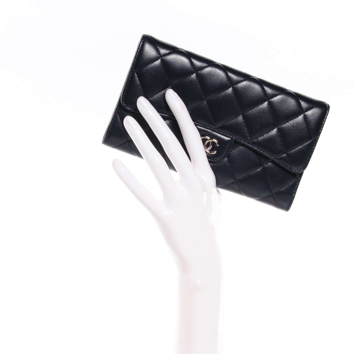 Lambskin Quilted Large Flap Wallet Navy
