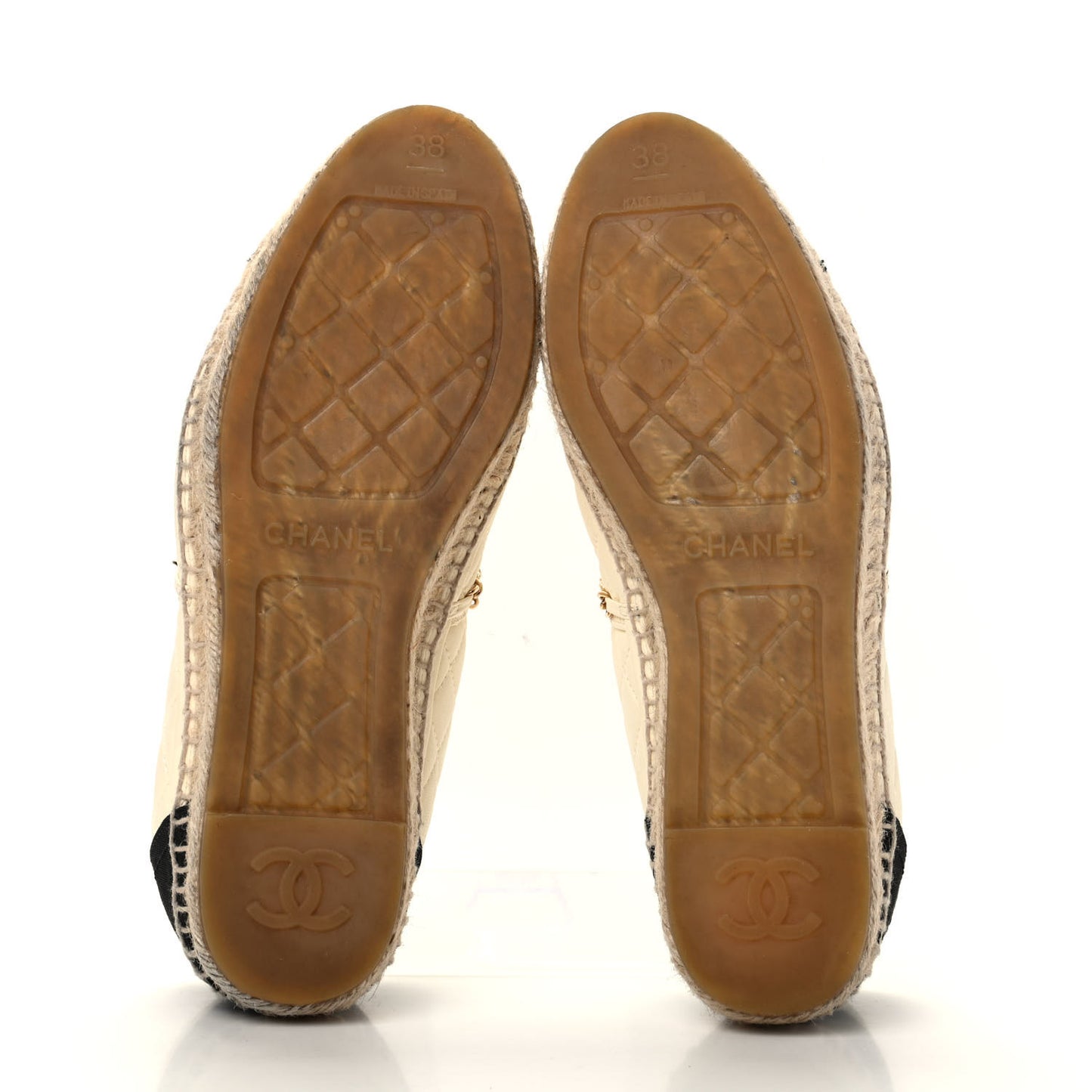 Lambskin Grosgrain Quilted CC Chain Espadrilles 38 Beige Black