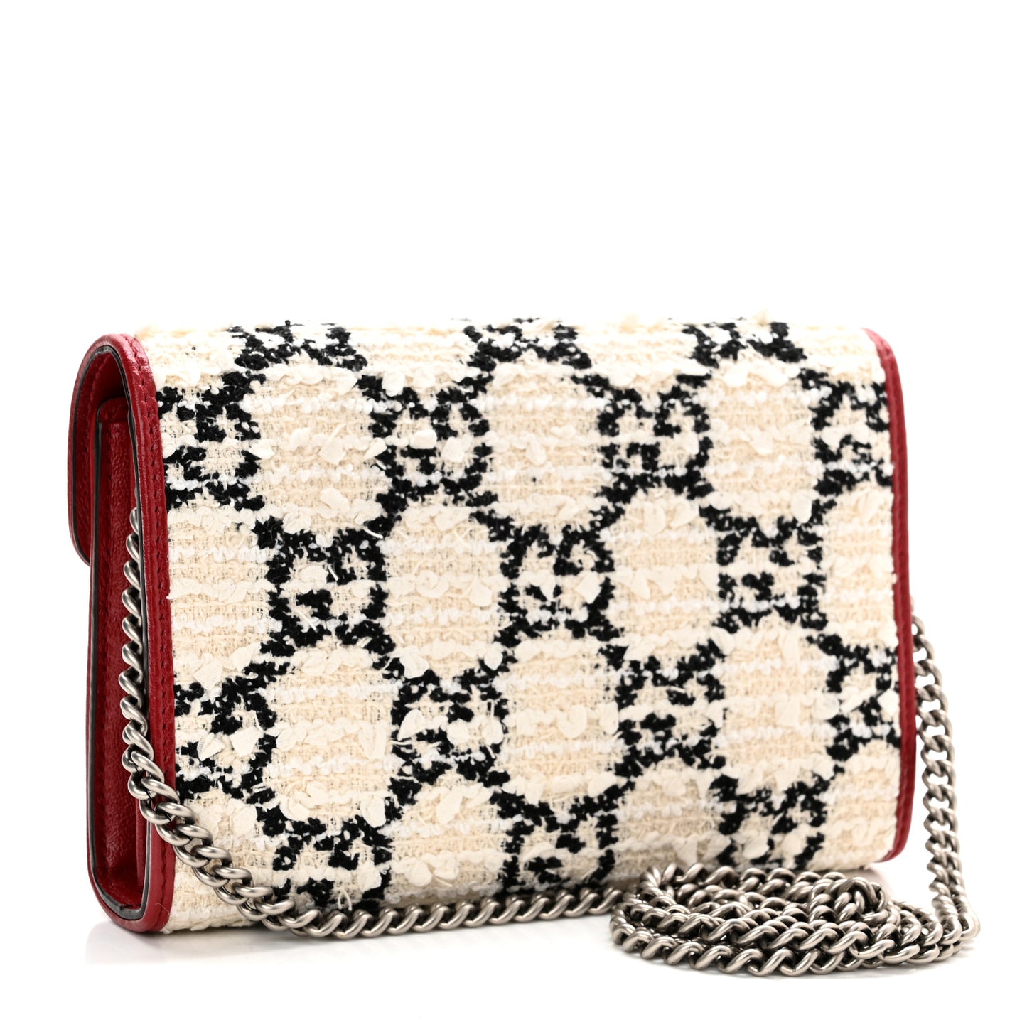 Tweed GG Monogram Mini Dionysus Chain Wallet White Black Romantic Cherry