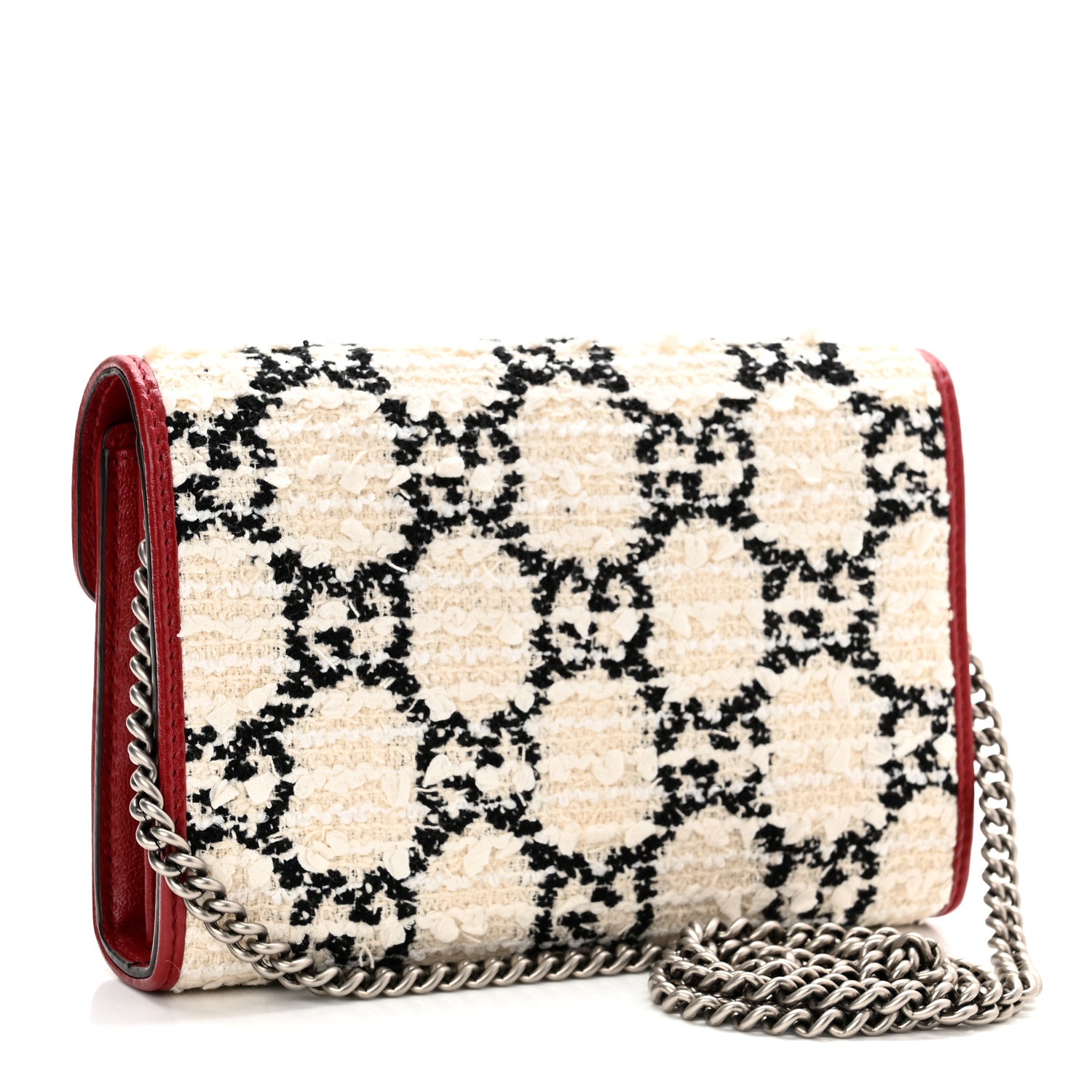 Gucci Tweed GG Monogram Mini Dionysus Chain Wallet White Black Romantic Cherry 3 of 10