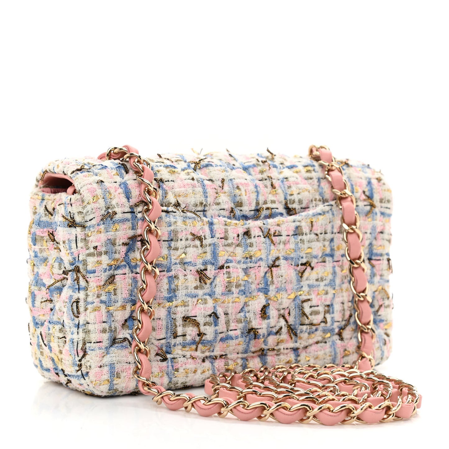 Tweed Quilted Mini Rectangular Flap Light Blue Pink Gold White