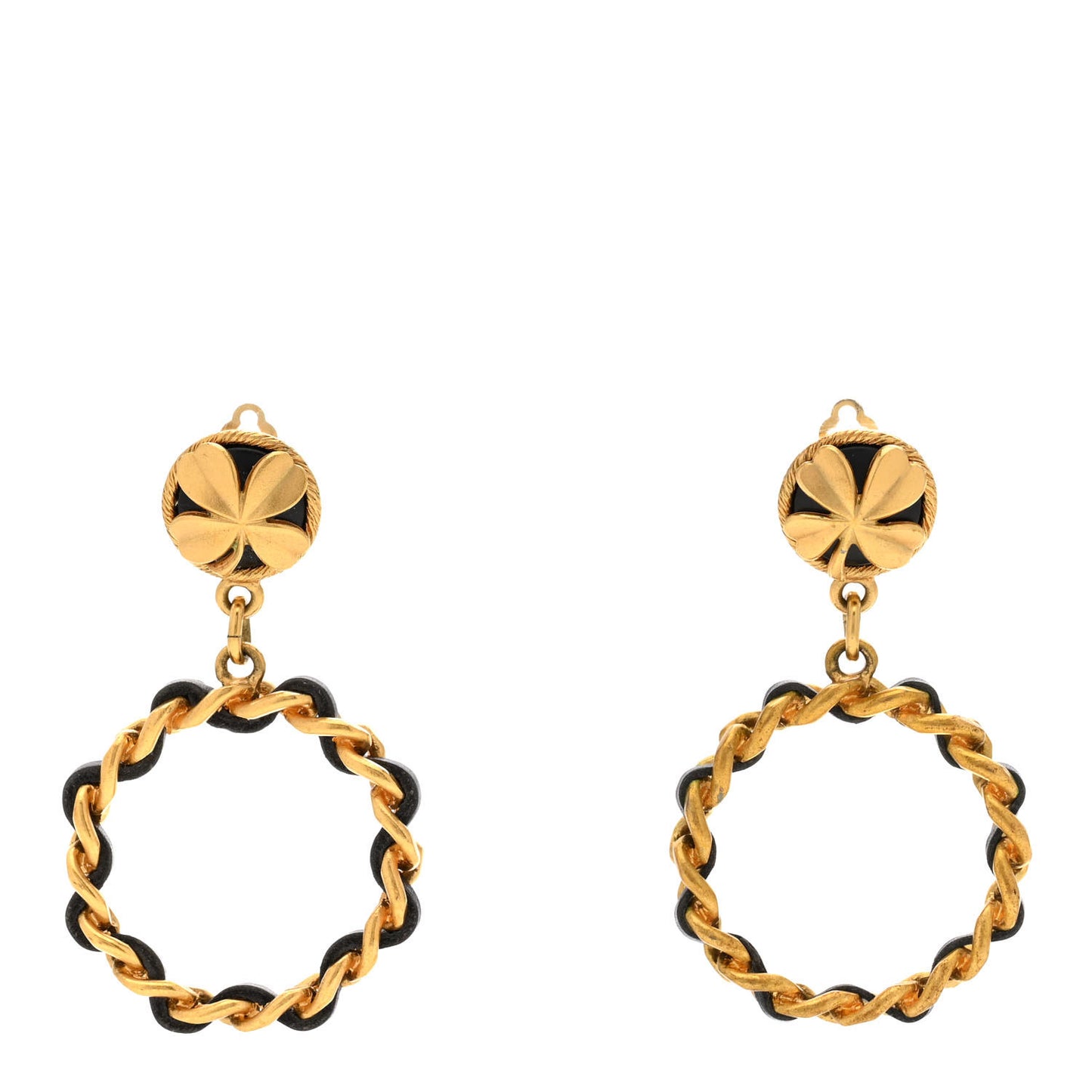 Metal Lambskin Clover Clip On Hoop Earrings Gold Black