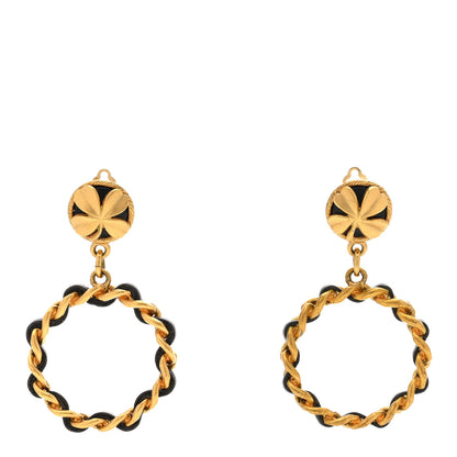 Chanel Metal Lambskin Clover Clip On Hoop Earrings Gold Black 1 of 4