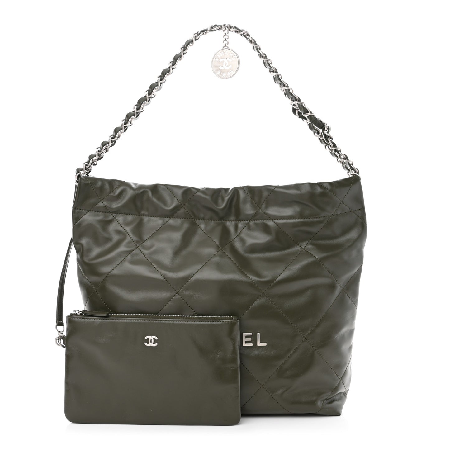 Shiny Calfskin Quilted Small Chanel 22 Khaki