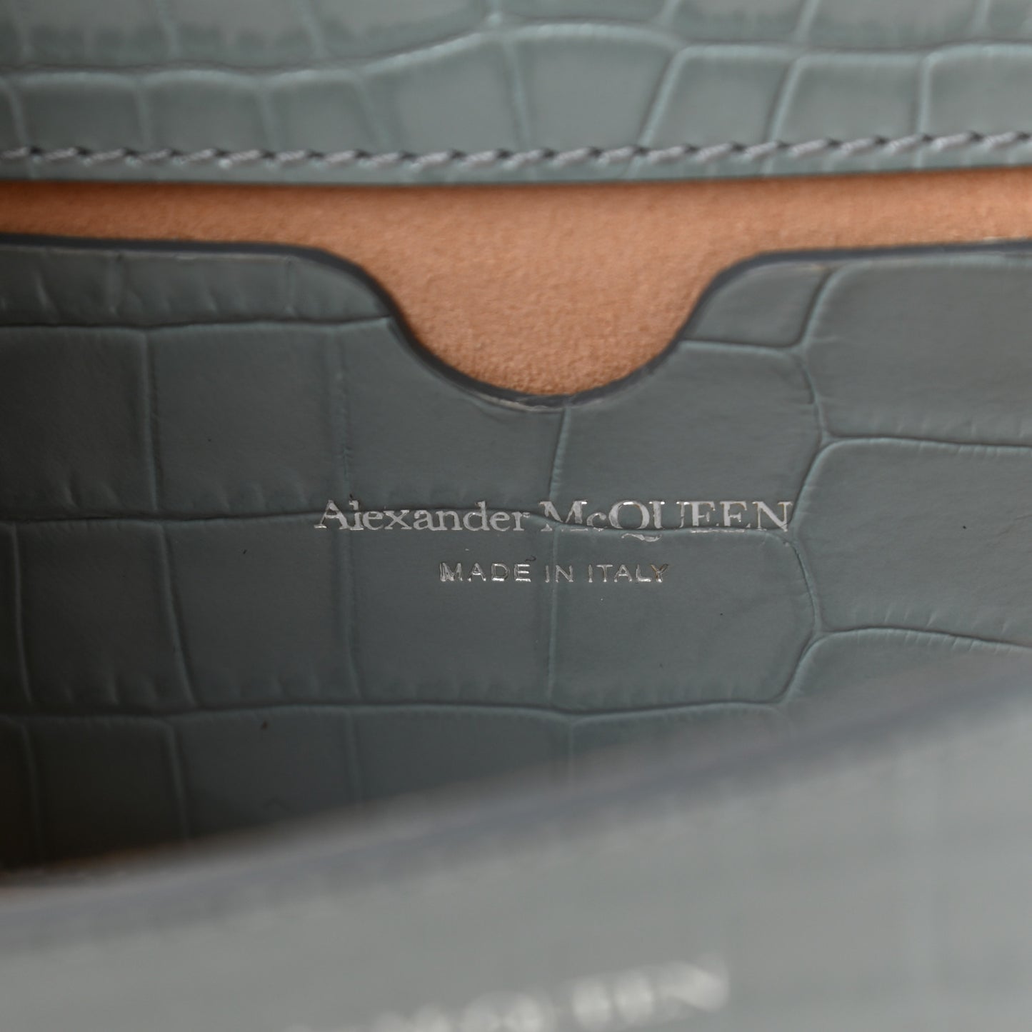 Shiny Crocodile Embossed Jeweled Satchel Blue Grey