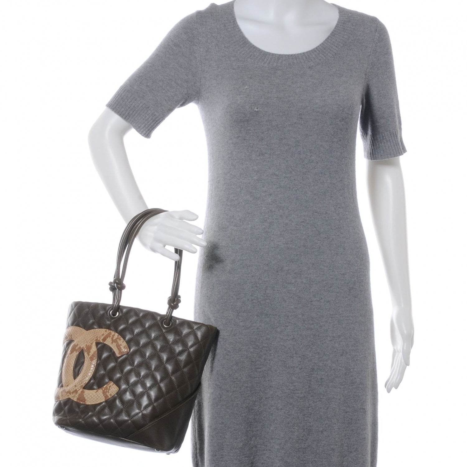 Chanel Calfskin Python Quilted Cambon Medium Tote Khaki 2 of 8
