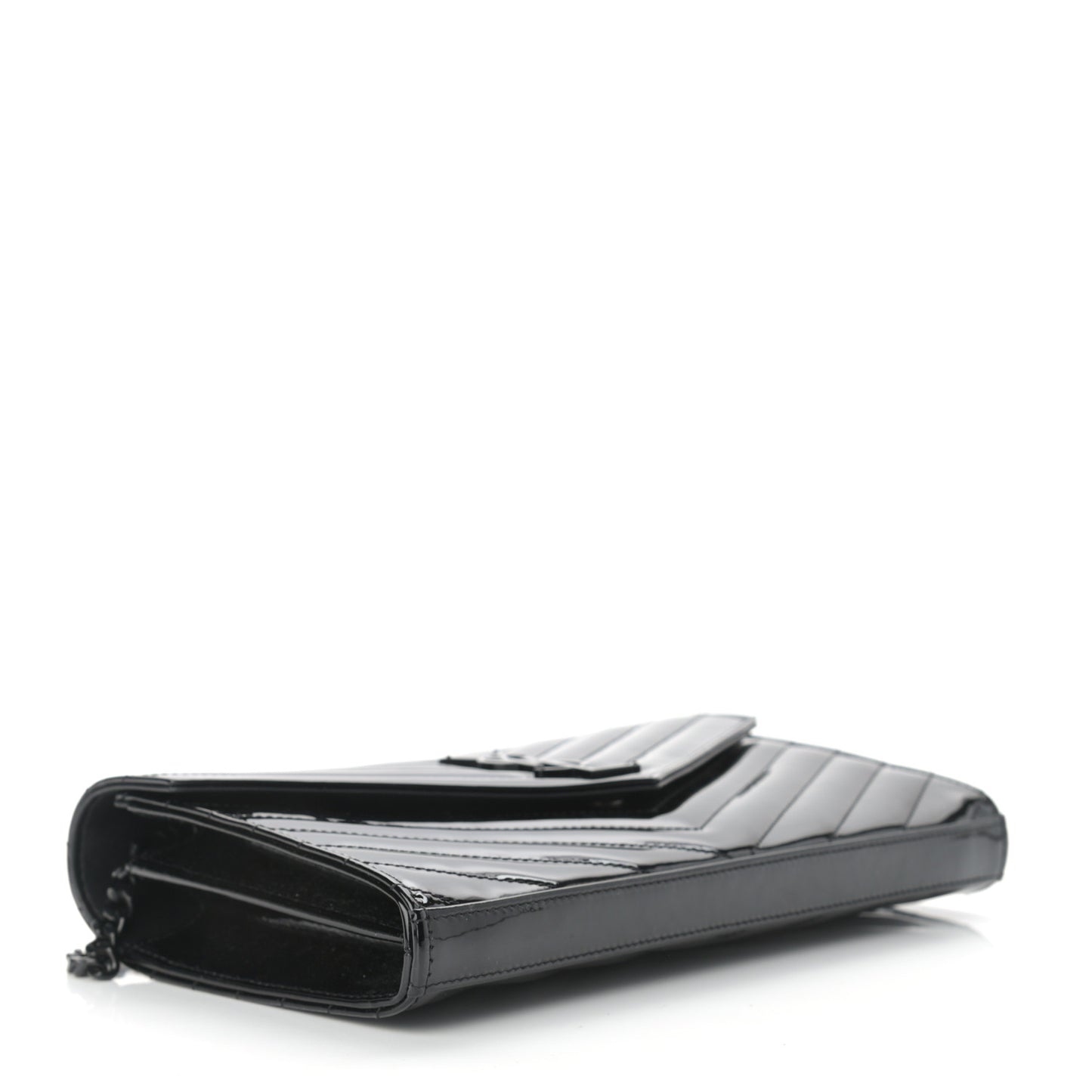 Patent Matelasse Chevron Monogram Chain Wallet Black