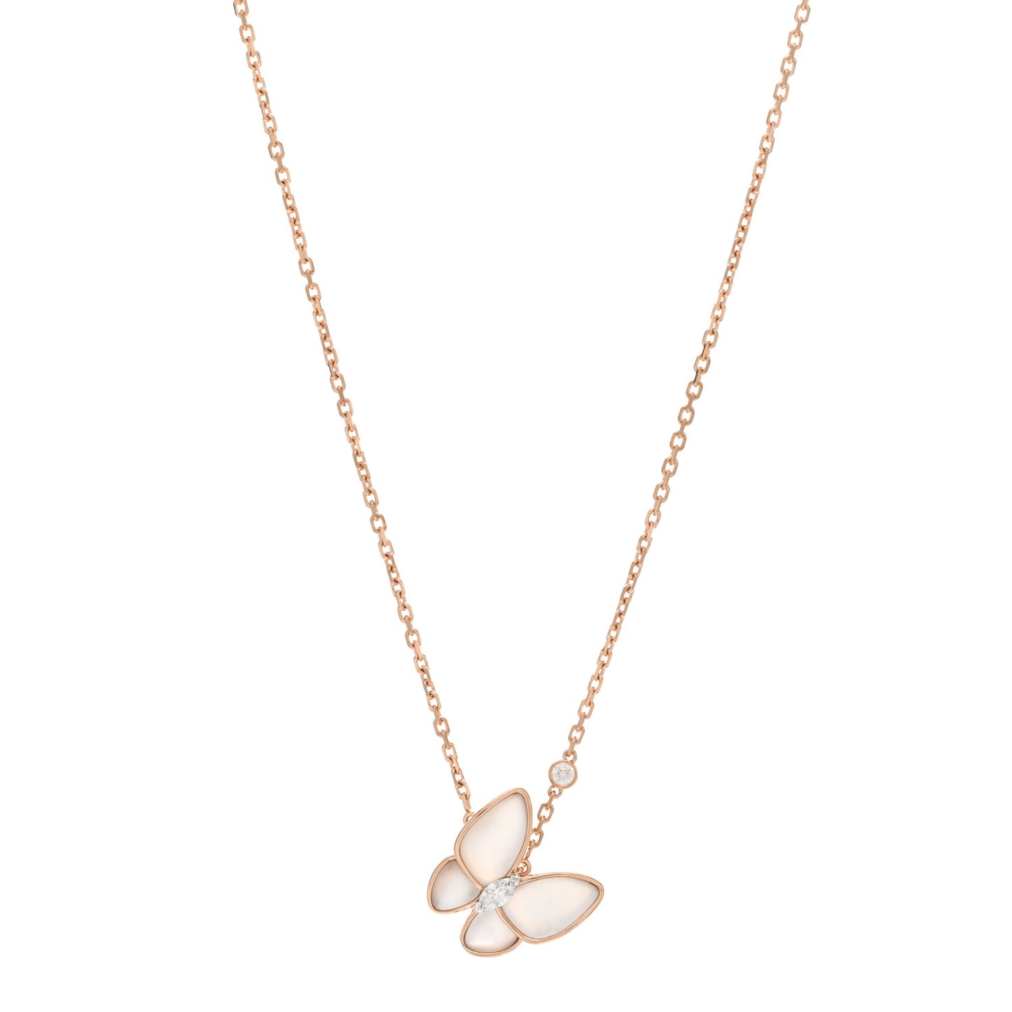 18K Rose Gold Diamond Mother of Pearl Two Butterfly Pendant Necklace