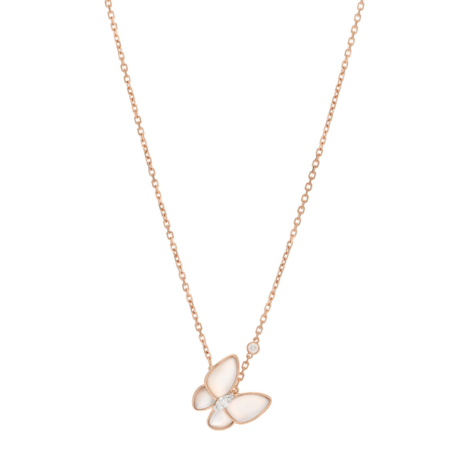 Van Cleef & Arpels 18K Rose Gold Diamond Mother of Pearl Two Butterfly Pendant Necklace 1 of 5