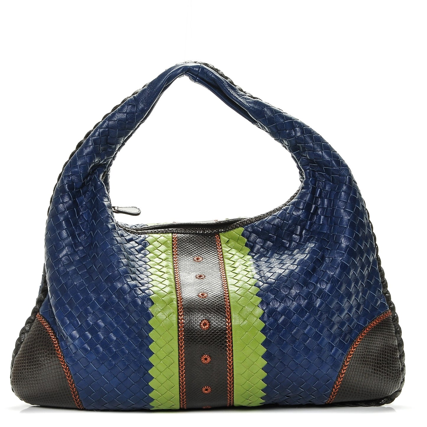 Shiny Goatskin Intrecciato Karung Large Veneta Hobo Cobalt