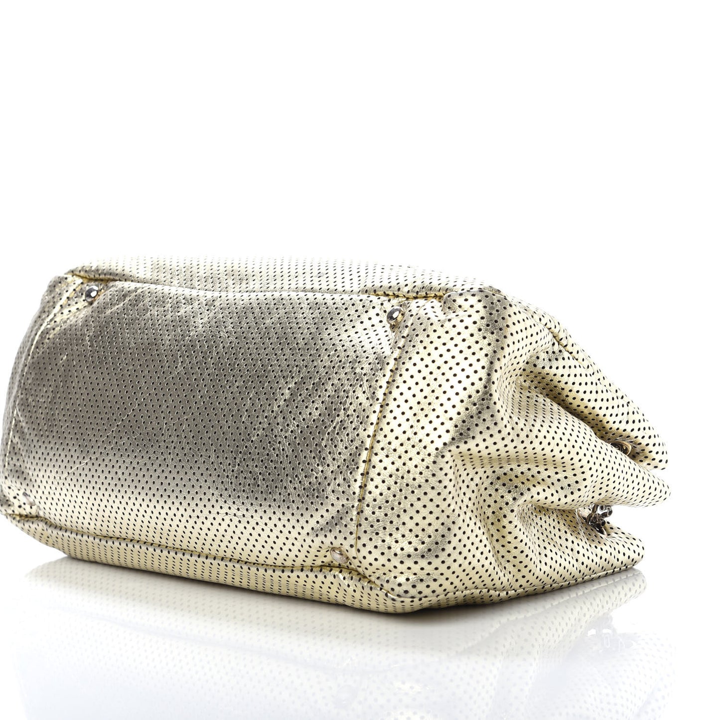 Metallic Calfskin Perforated Large Drill Accordion Flap Gold