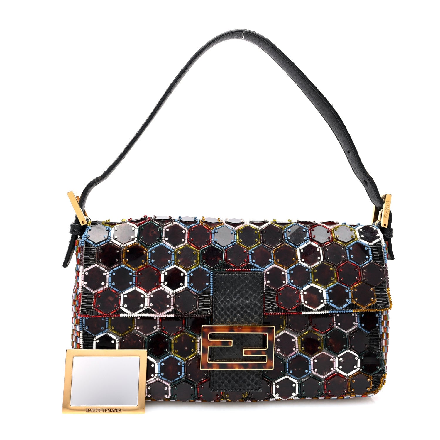 Fendi Snakeskin Beaded Embroidered Tortoise Baguette Black Multicolor 2 of 15