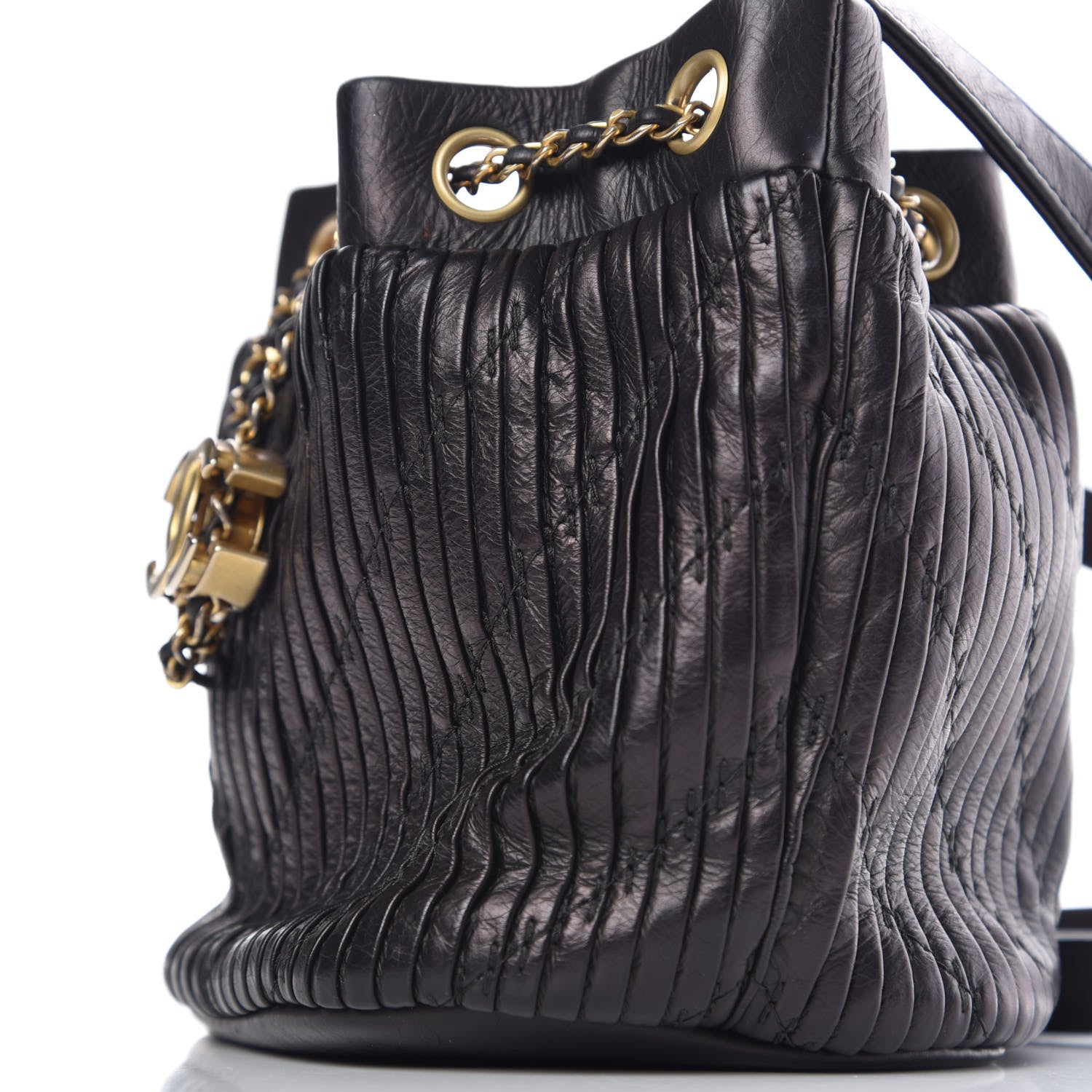 Chanel Iridescent Crumpled Calfskin Coco Pleats Small Drawstring Bag Black 11 of 14