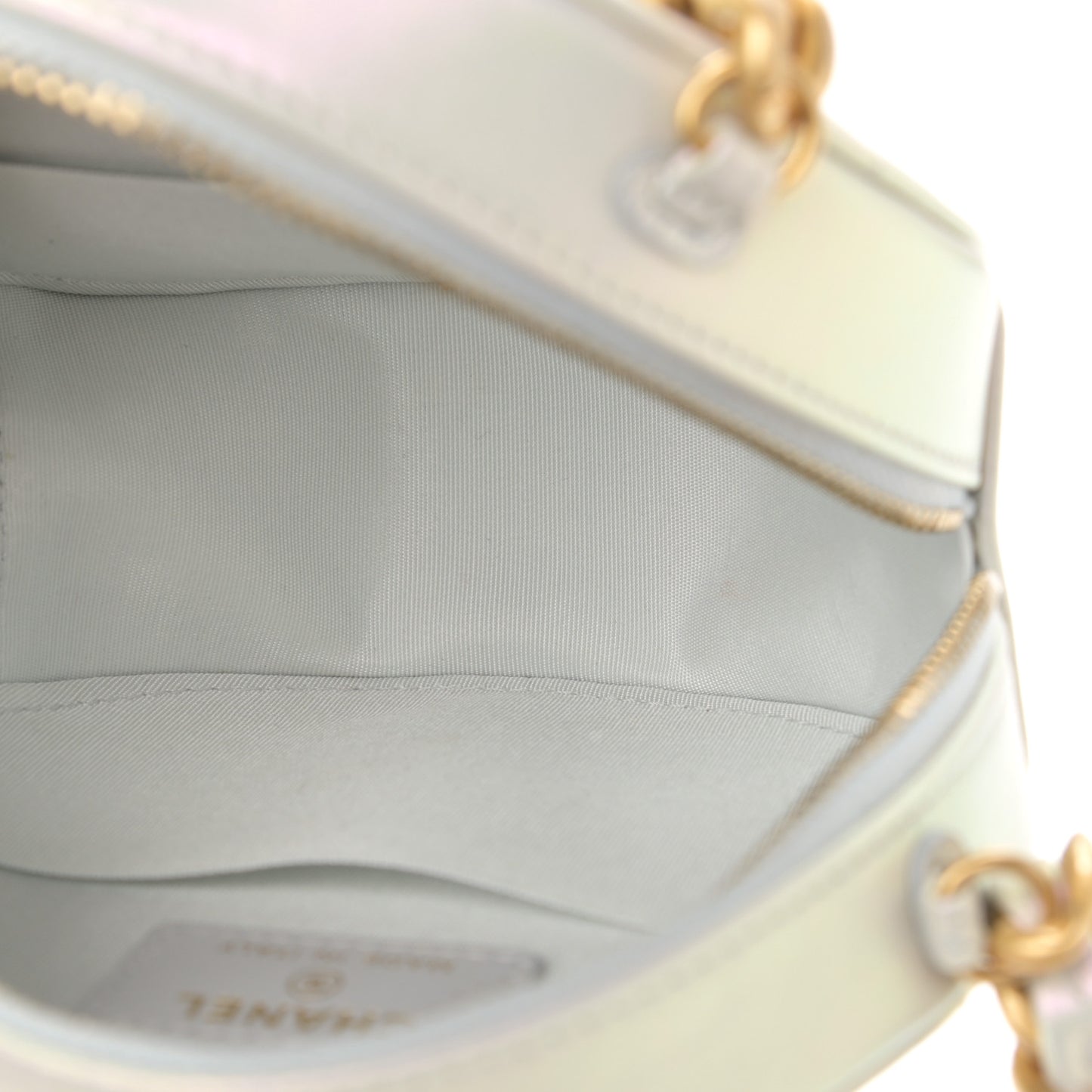Iridescent Calfskin Quilted Chanel 19 Round Clutch With Chain White
