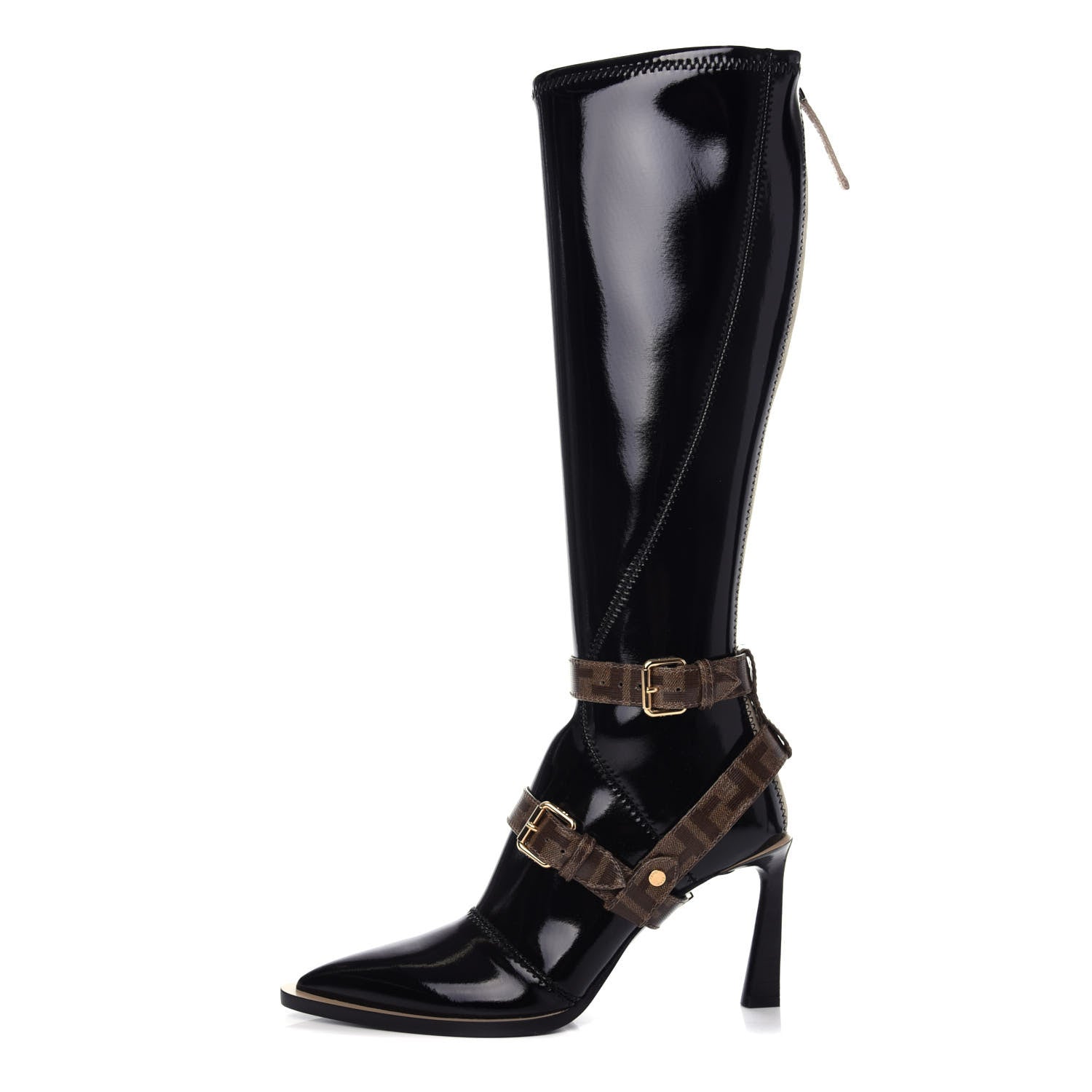 Fendi Glossy Neoprene Glazed Fabric FF FFrame Boots 39 Black Tobacco Moro 1 of 10