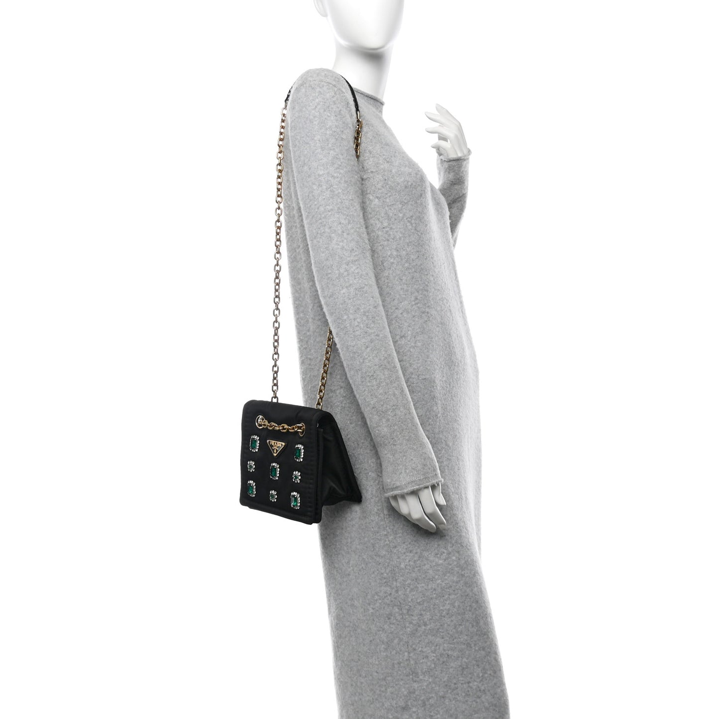 Tessuto Nylon Crystal Chain Flap Shoulder Bag Black