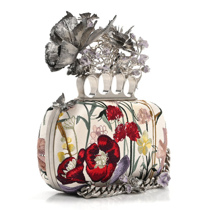 Alexander McQueen Satin Embroidered Flower Butterfly Knuckle Duster Box Clutch White Multicolor 4 of 15