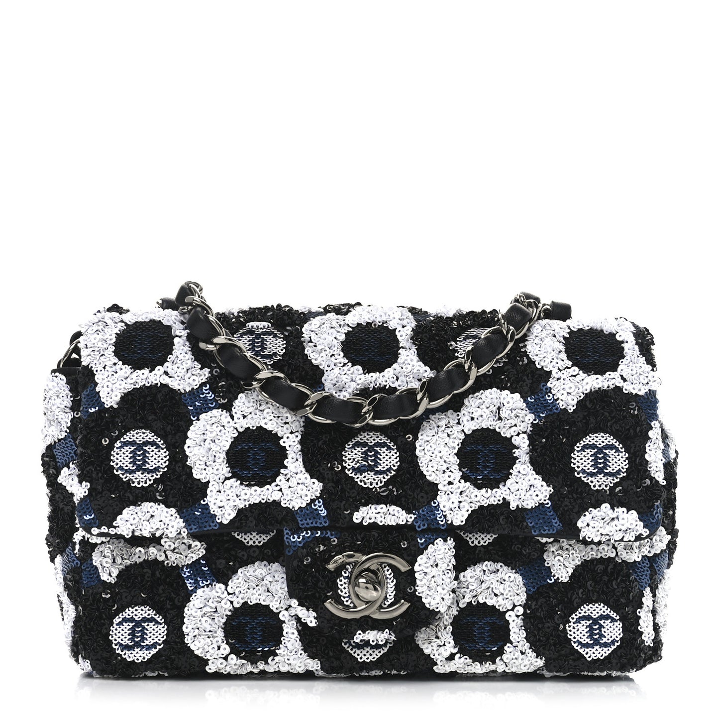 Satin Sequin Embellished Flower Mini Rectangular Flap Black White Blue