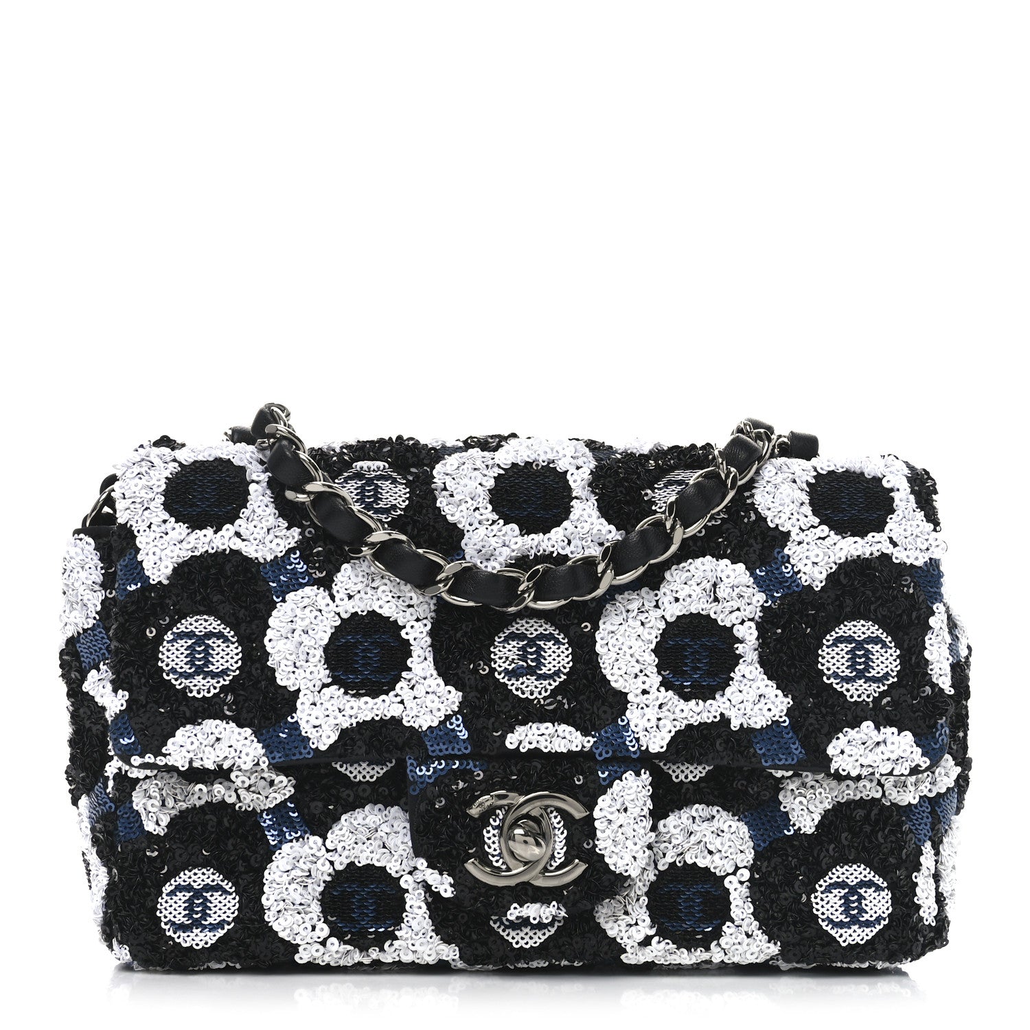 Chanel Satin Sequin Embellished Flower Mini Rectangular Flap Black White Blue 1 of 10