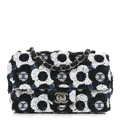 Chanel Satin Sequin Embellished Flower Mini Rectangular Flap Black White Blue 1 of 10