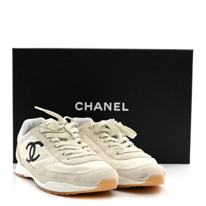 Chanel Fabric Embossed Suede Calfskin Womens CC Sneakers 37.5 White Black 11 of 11