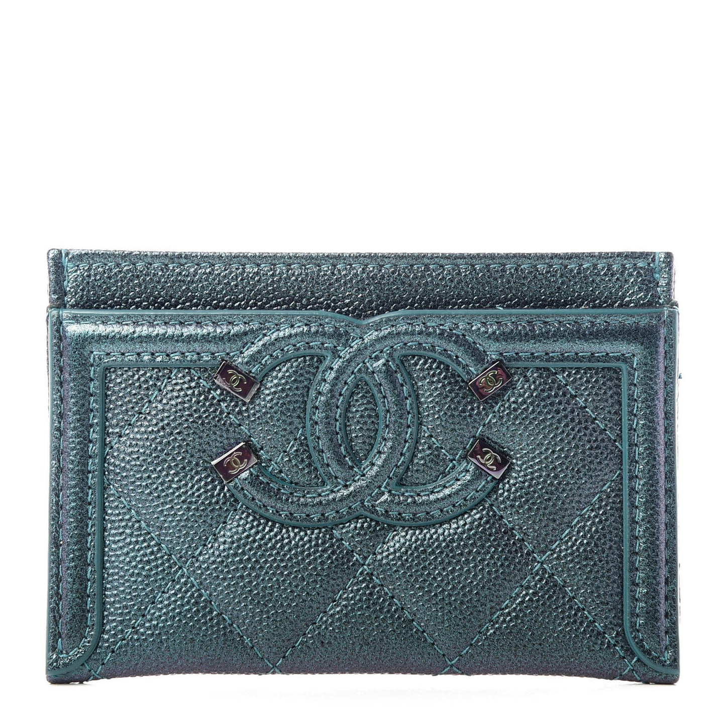 Iridescent Caviar Quilted Filigree Card Holder Dark Turquoise