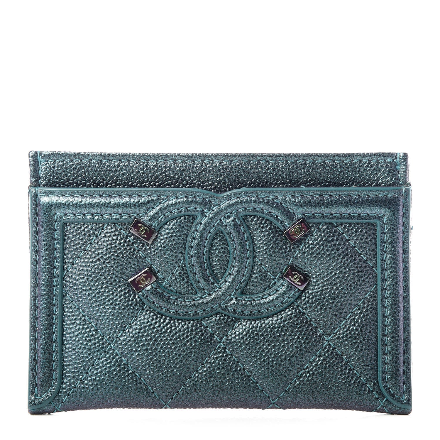 Chanel Iridescent Caviar Quilted Filigree Card Holder Dark Turquoise 1 of 9