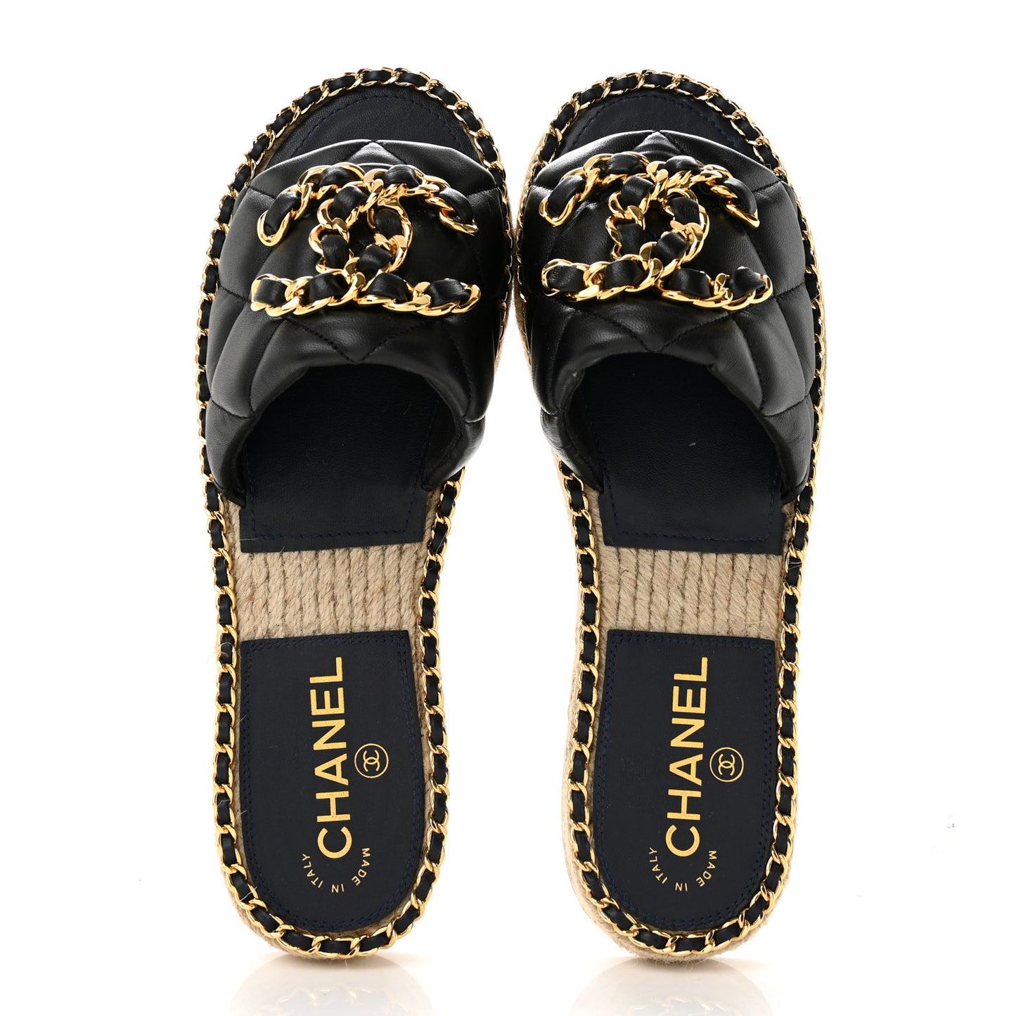 Lambskin Quilted CC Chain Espadrille Mules 38 Black Navy