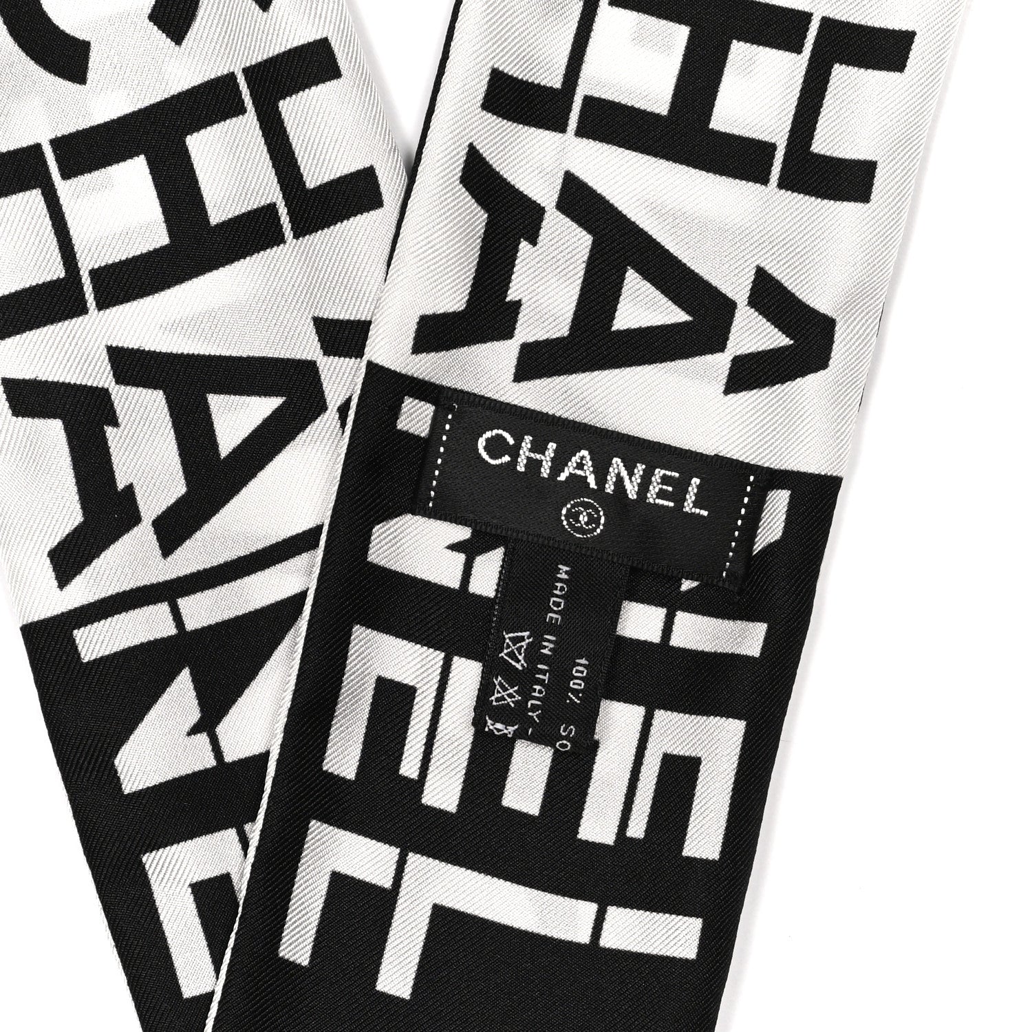 Chanel Silk Logo Slim Bandeau Scarf Black White 2 of 3