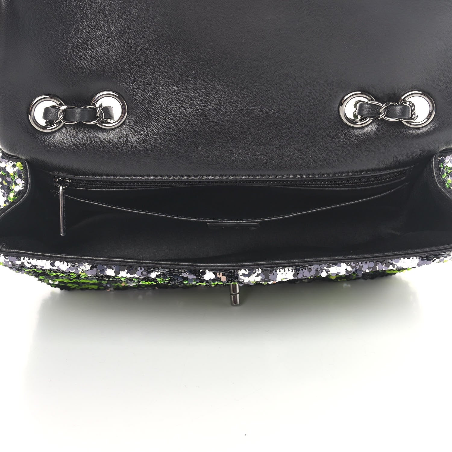 Chanel Sequin Logo Single Flap Green Silver Black 5 of 9