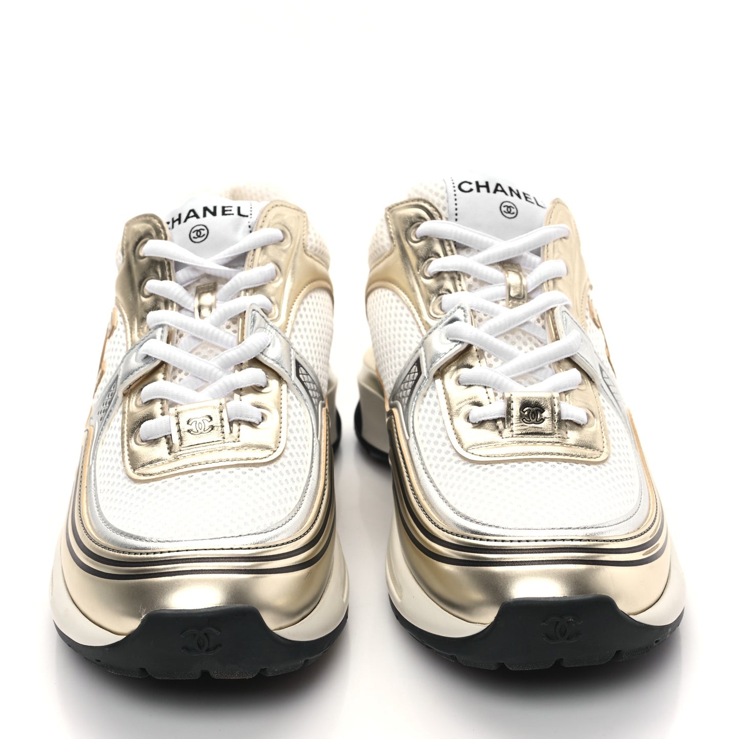 Fabric Laminated Calfskin Stretch CC Womens Sneakers 38.5 White Gold Silver