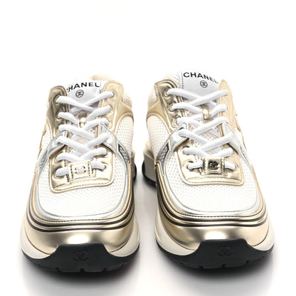 Chanel Fabric Laminated Calfskin Stretch CC Womens Sneakers 38.5 White Gold Silver 2 of 8