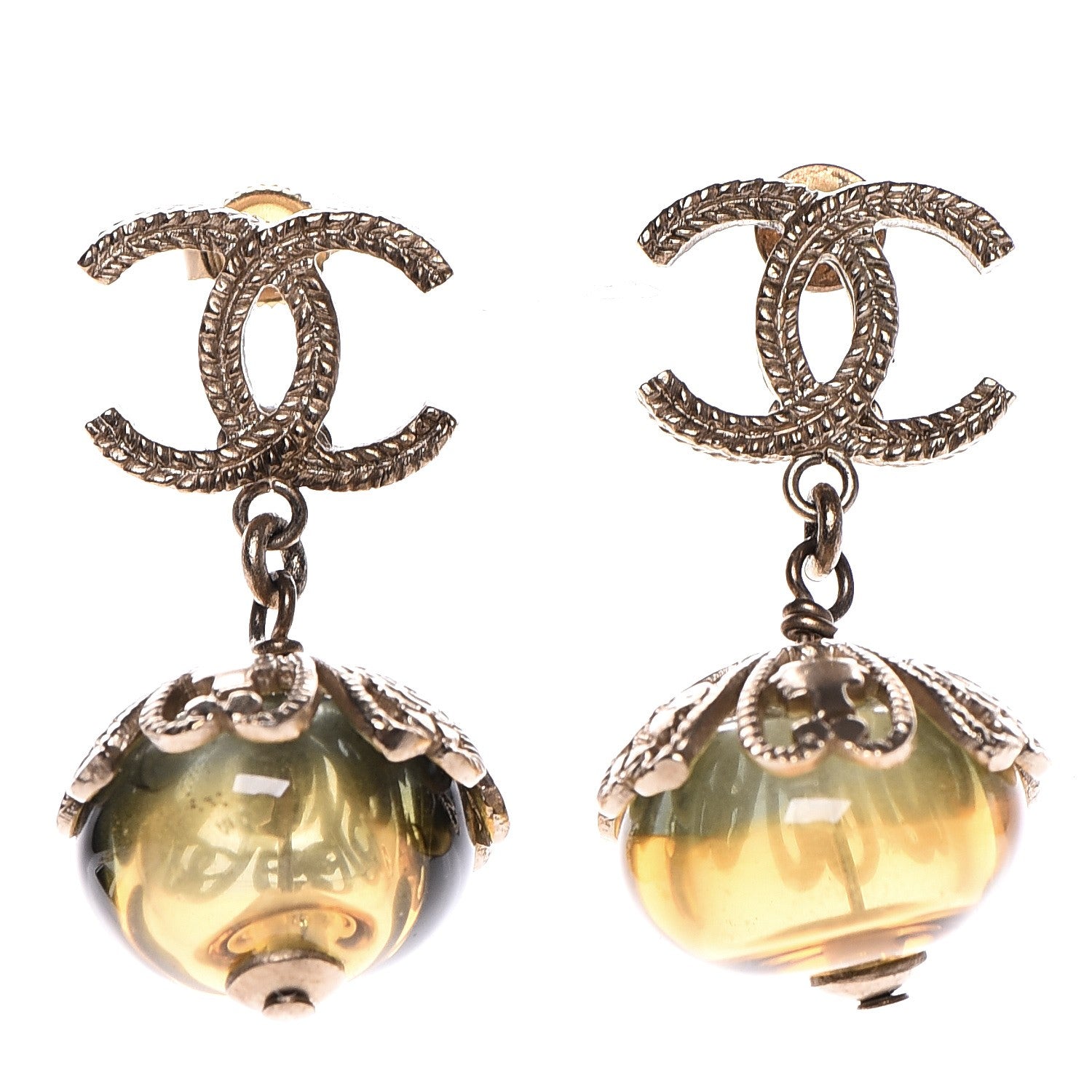 Chanel Resin Bead CC Charm Drop Earrings Gold 1 of 3