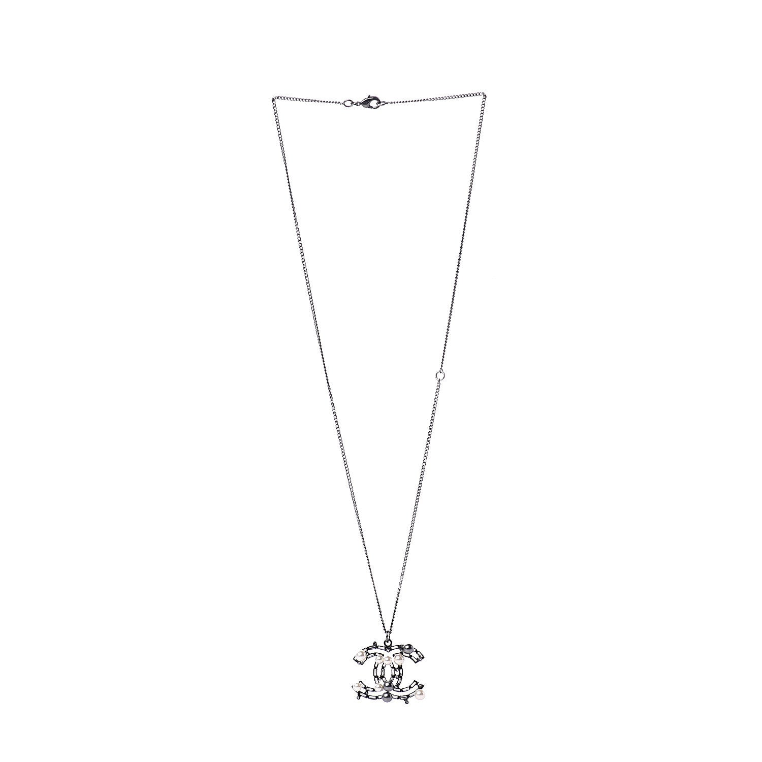Chanel Pearl Crystal Beaded CC Necklace Silver 2 of 5